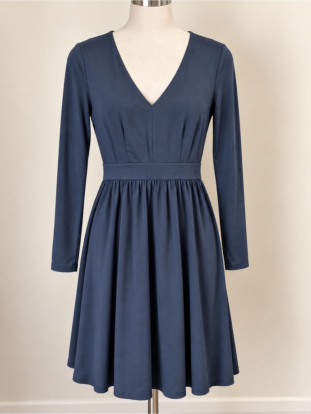 Classic V-Neck Long Sleeve Navy Dress